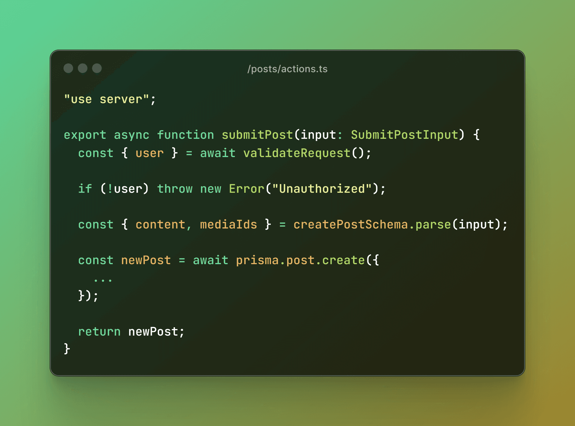 A code snippet showing a file called “actions.ts“ that has the “use server“ directive at the top and exports two async functions “submitPost“ and “deletePost“.